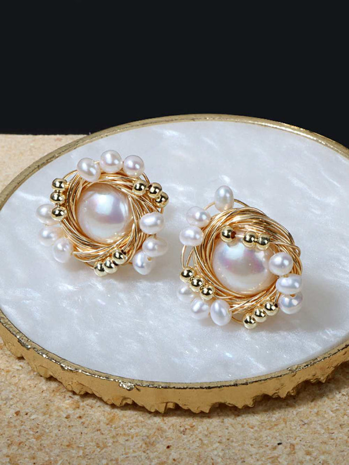Pendientes de perlas naturales con diseño de nido de pájaro hechos a mano vintage