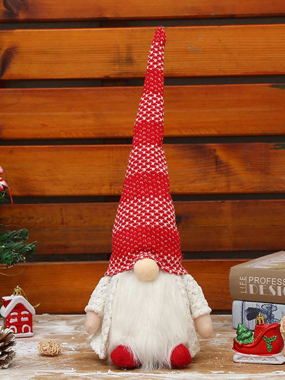 クリスマスぬいぐるみ 赤と白の縞模様の長帽子 ルドルフ人形