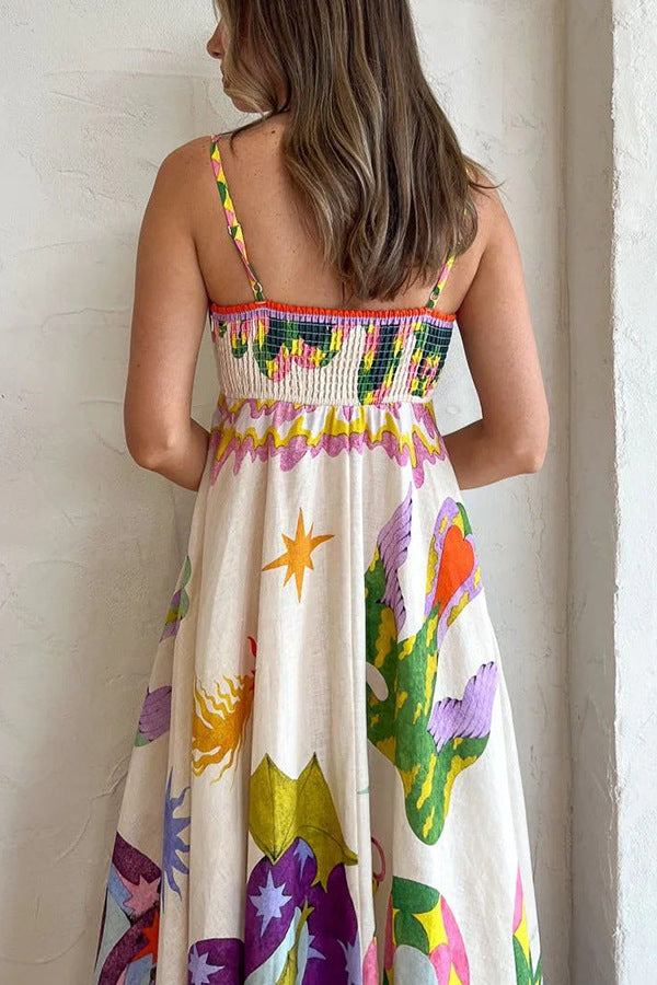 Linen Blend Unik Print Smocked Back Lomme Midi-kjole