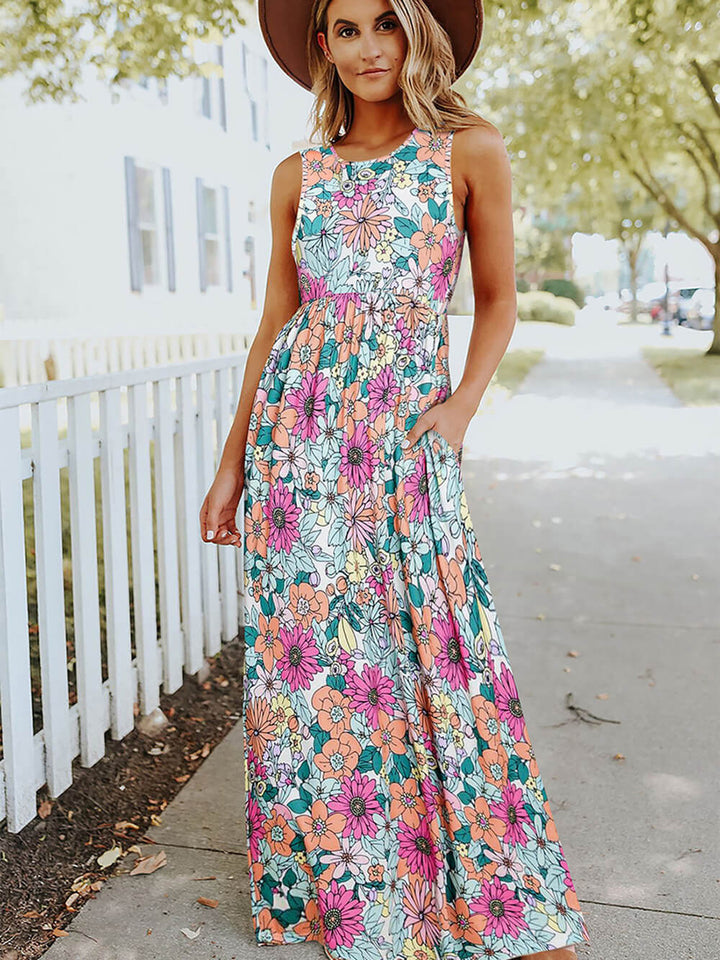 Αμάνικο Maxi Φόρεμα: Ψηλόμεσο Hippie Floral
