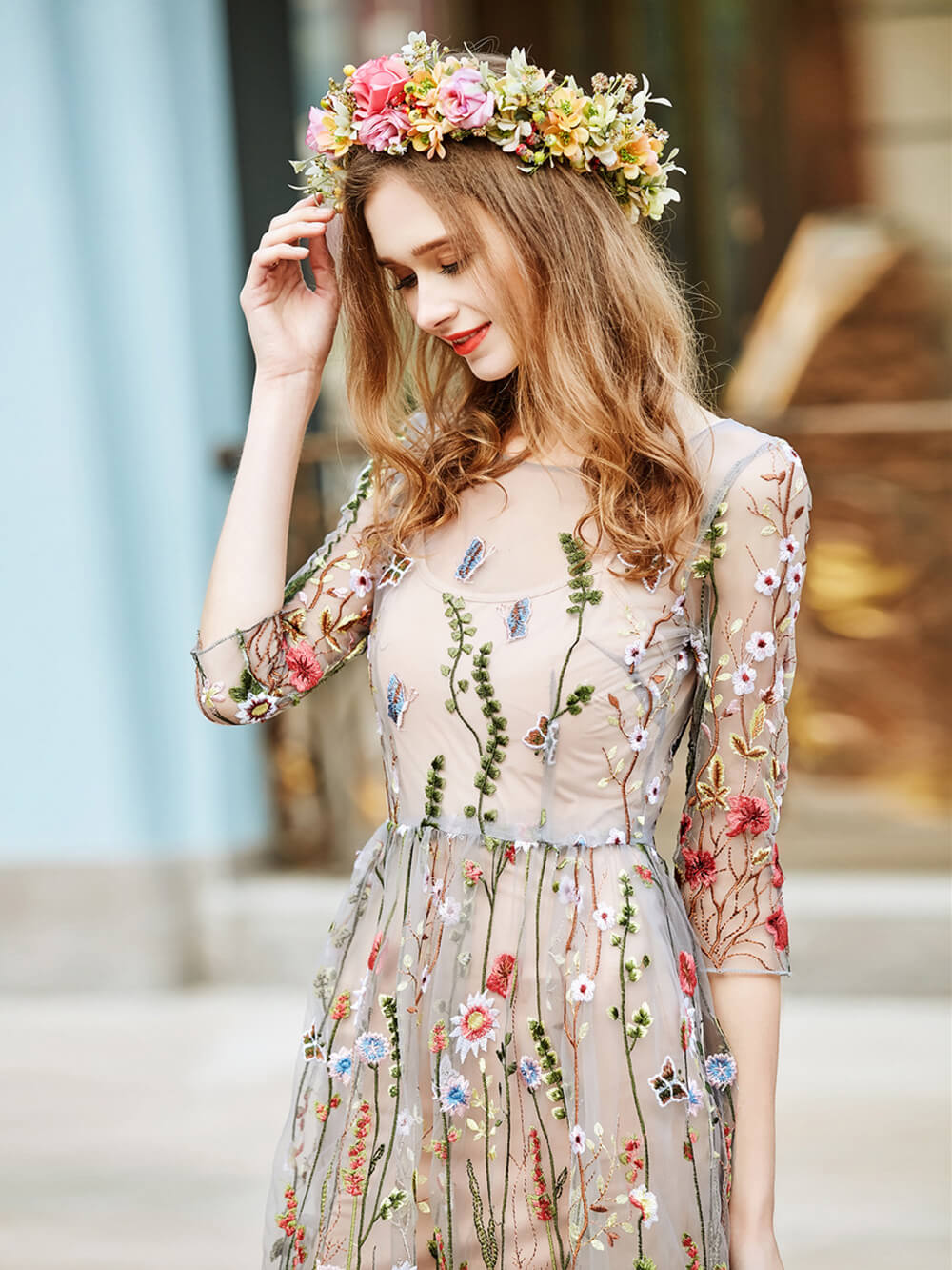 שמלת מיני גן שקוף רקומה פרח