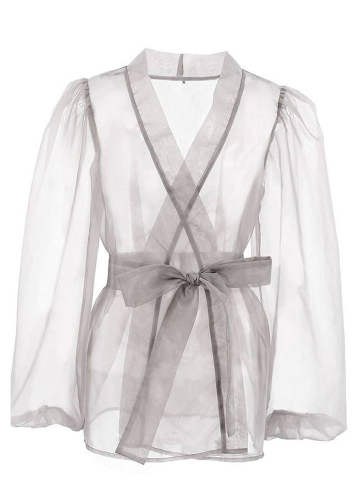 Blusa sexy transparente com decote em V, mangas compridas e gravata borboleta