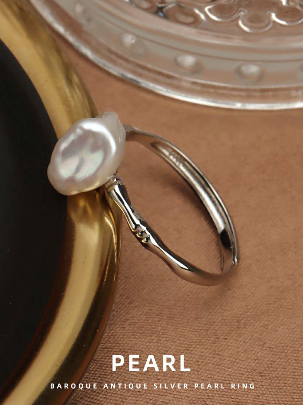 Barokowy srebrny pierścionek z perłą Antioue