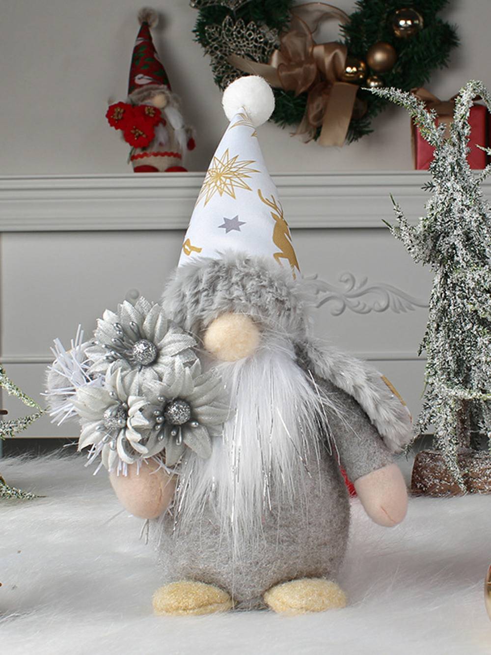 Elfo de pelúcia de Natal com boneca Rudolph de flor dourada e prateada