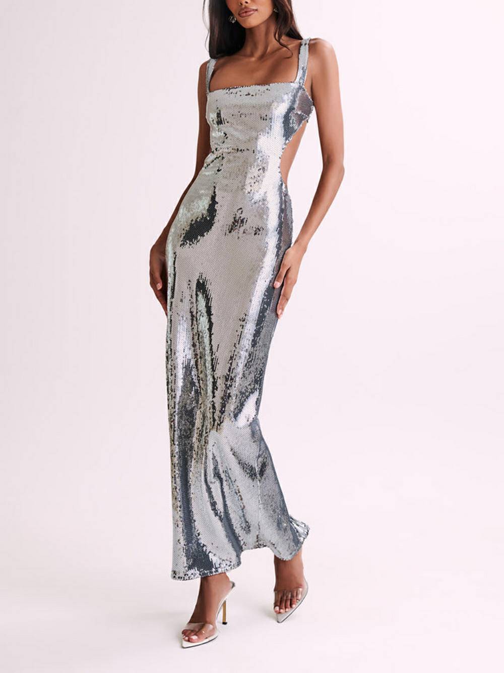 Sequin Cut Out Maxi šaty - Stříbrné