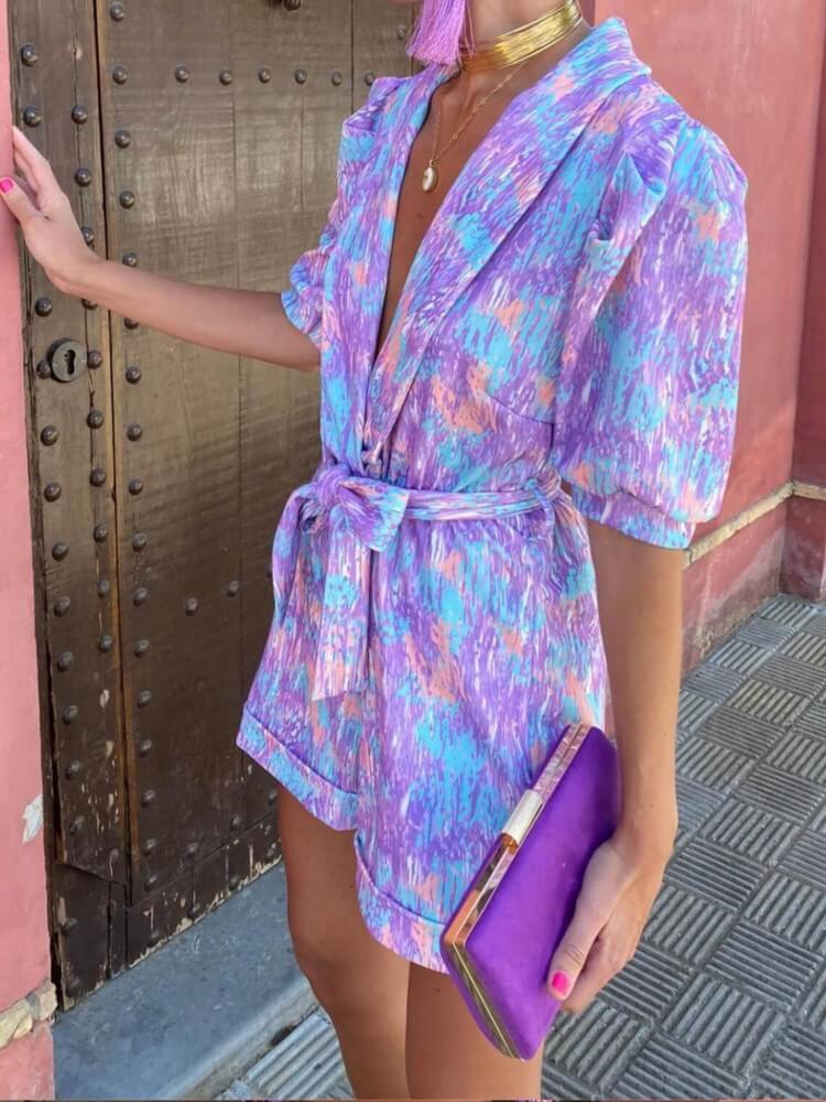 Candy Floral Puff Sleeves Romper i lilla