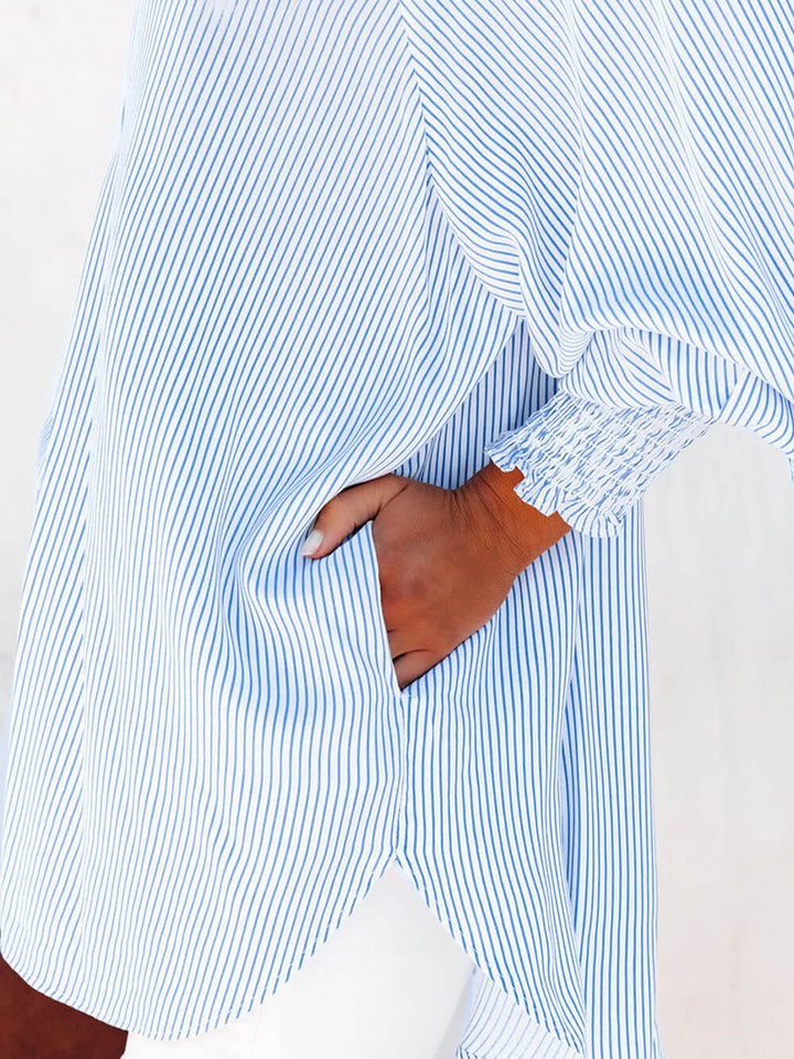 Camicia da fidanzato a righe con risvolto smock azzurro cielo con tasca