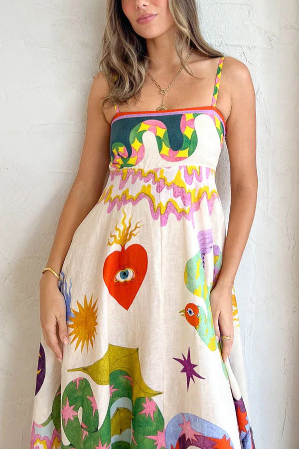 Linen Blend Unik Print Smocked Baglomme Midi-kjole
