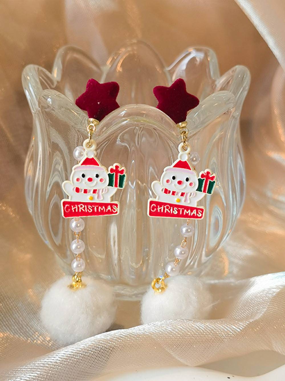 Χριστουγεννιάτικα σκουλαρίκια με μαργαριτάρια χιονάνθρωπος