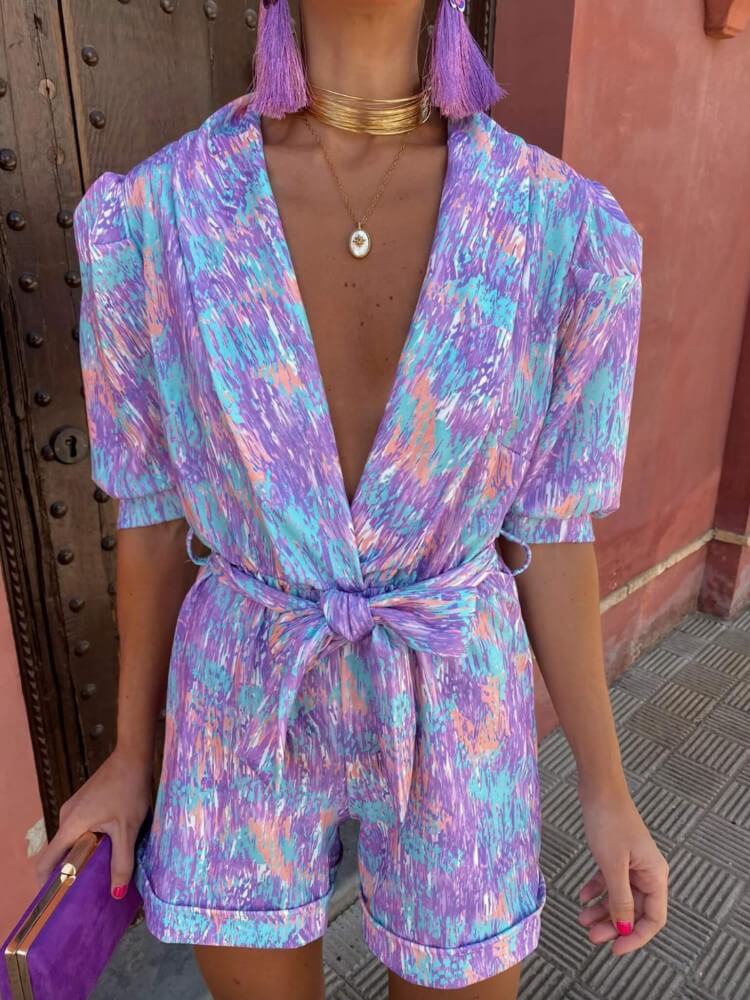Candy Floral Puff Sleeves Romper בסגול