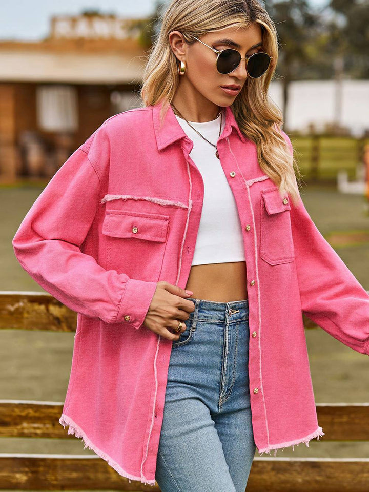 ピンクのキルティング胸ポケット シャケット