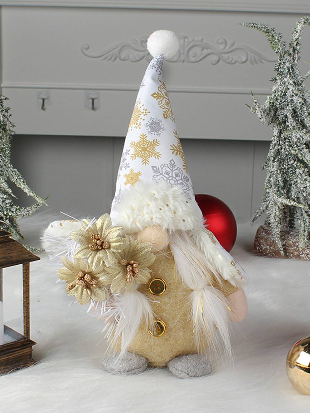 Elfo de pelúcia de Natal com boneca Rudolph de flor dourada e prateada