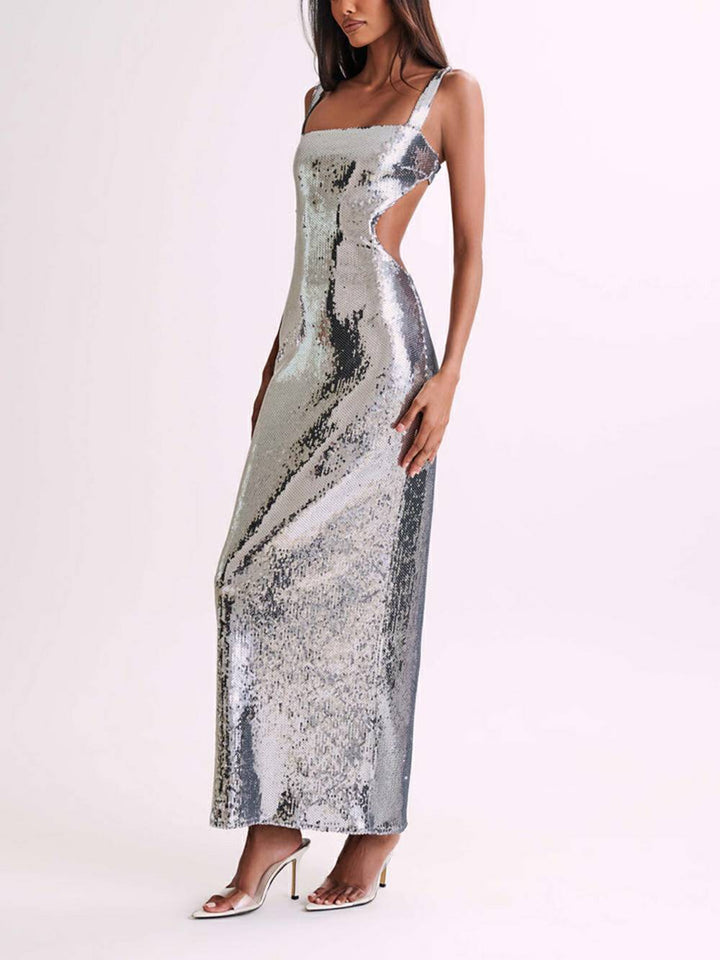 Sequin Cut Out Maxi šaty - Stříbrné
