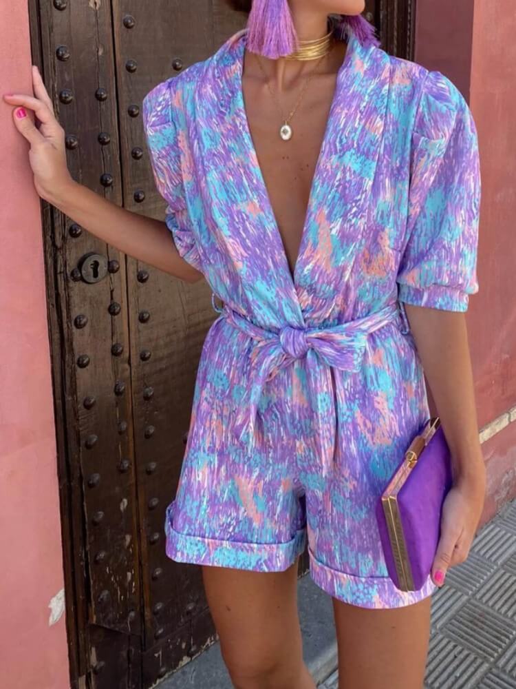 Candy Floral Puff Sleeves Romper i lilla
