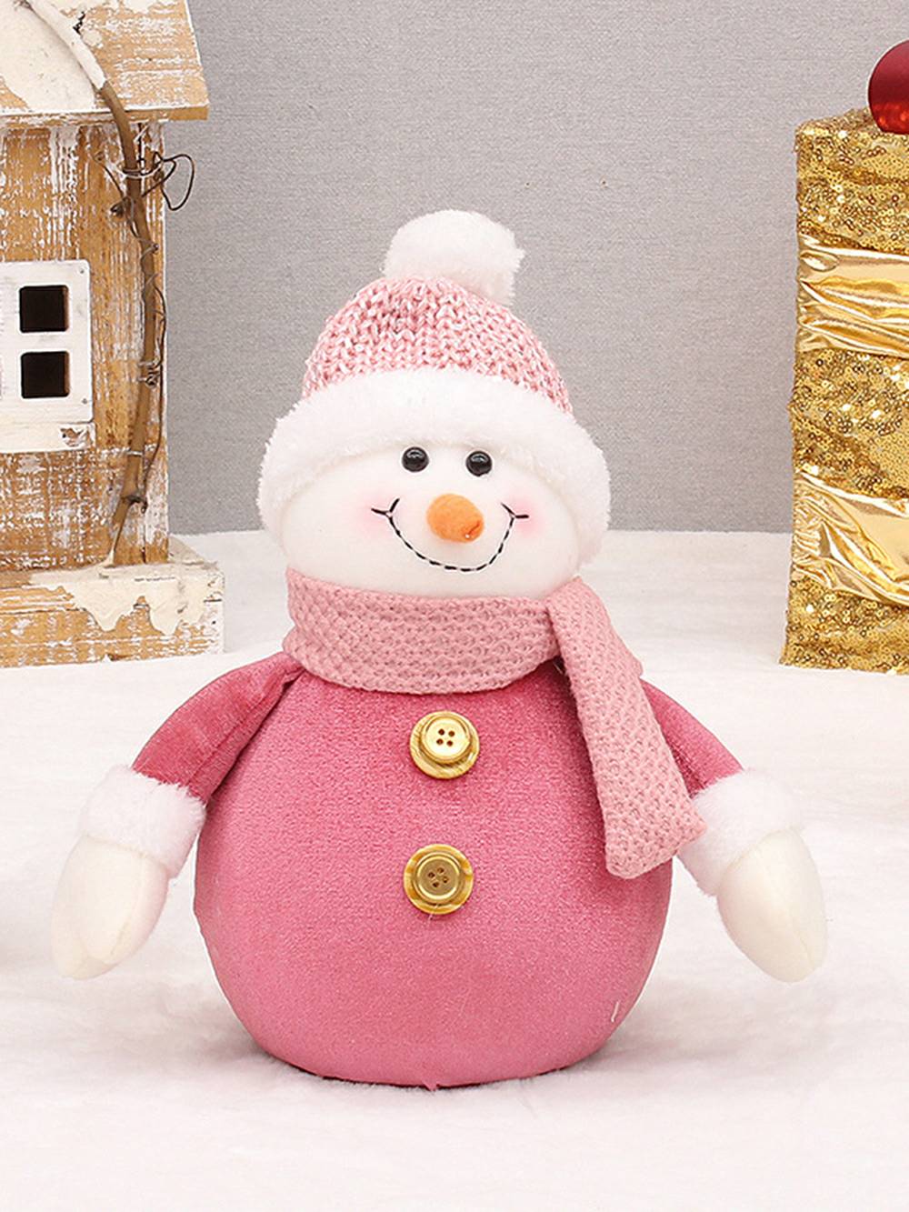 Decorazione natalizia in peluche con cappello in maglia in tessuto rosa