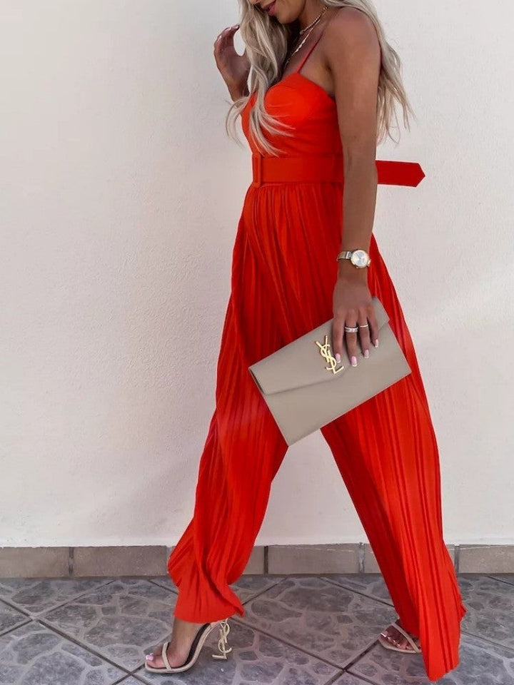 Strappy Jumpsuit With Wide Leg Pleated Detail In Orange