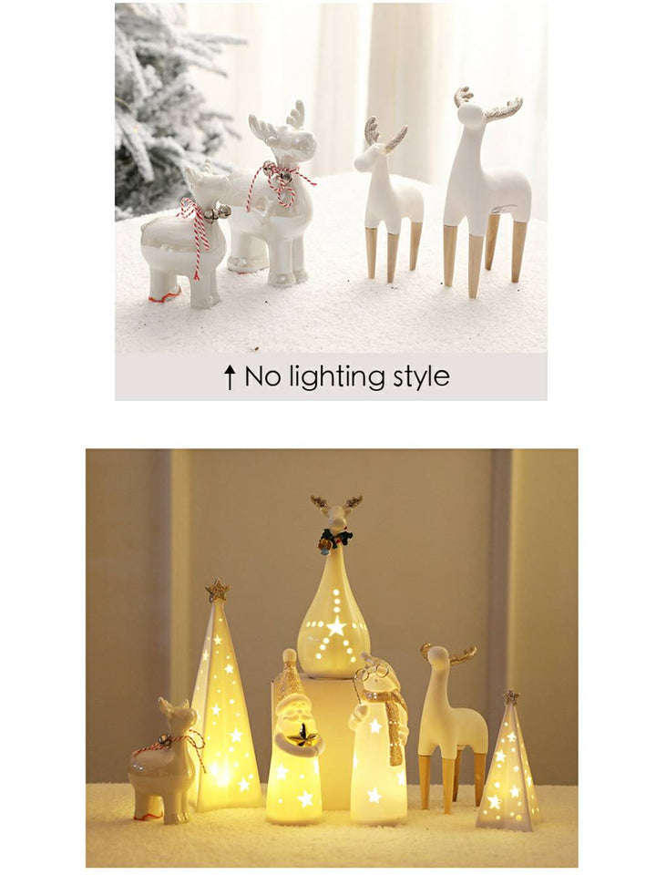 Decorazioni natalizie luminose con pupazzo di neve e renne in ceramica