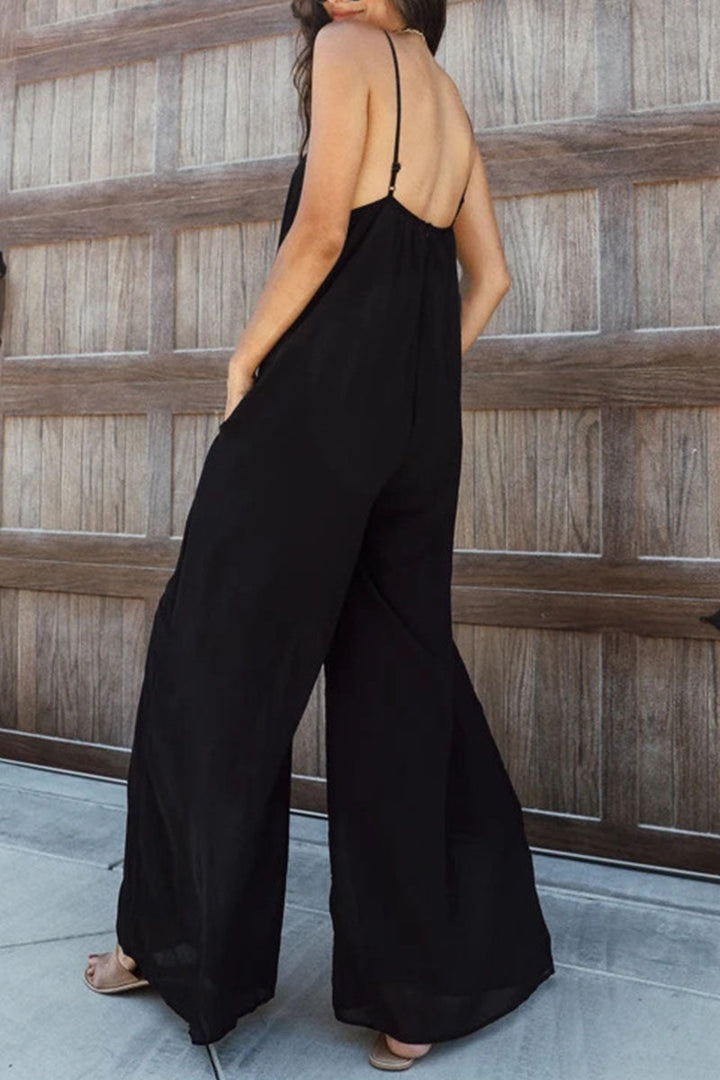 Solid Patchwork Spaghetti Strap Oversized Maxi Jumpsuit i sort