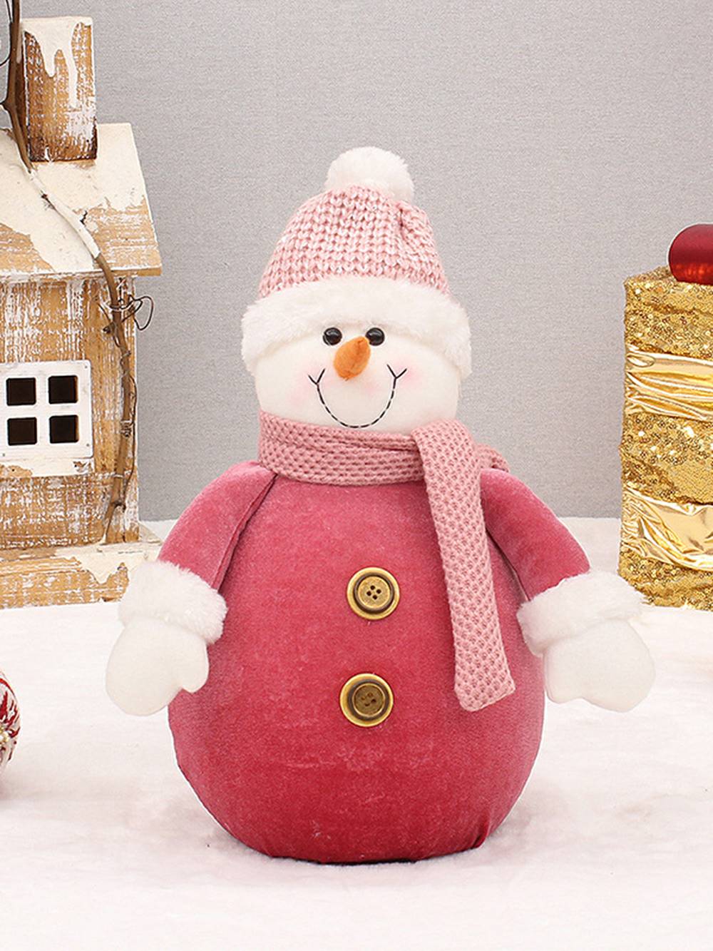 Pink Fabric Knit Hat Snowman Plush Toy Christmas Decoration