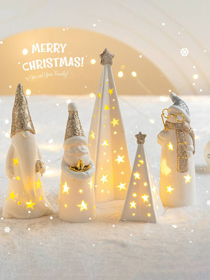 Decoração de Natal iluminada com boneco de neve e renas de cerâmica