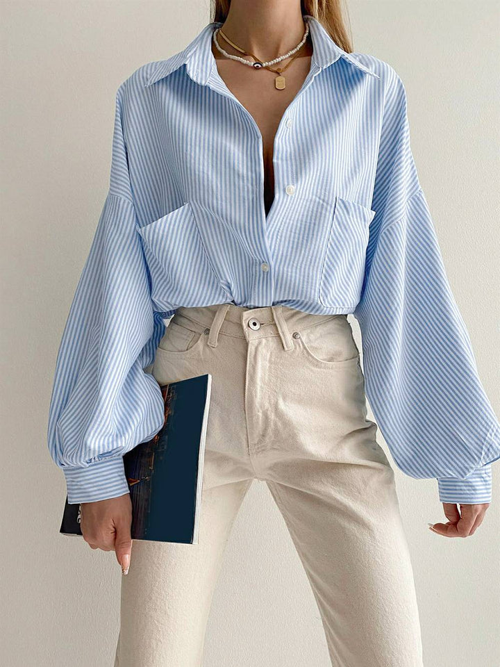 Laang Puffy Sleeve Turndown Collar Pocket Striped Blouse