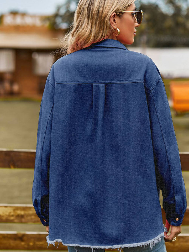 Nieuw denim raw edge gewassen casual overhemd met kwastjes - donkerblauw