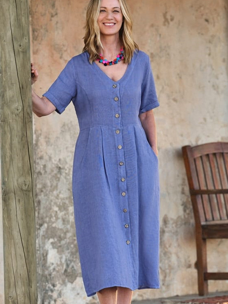 Linnen midi-jurk met V-hals, knoopsluiting en zak in lavendelblauw