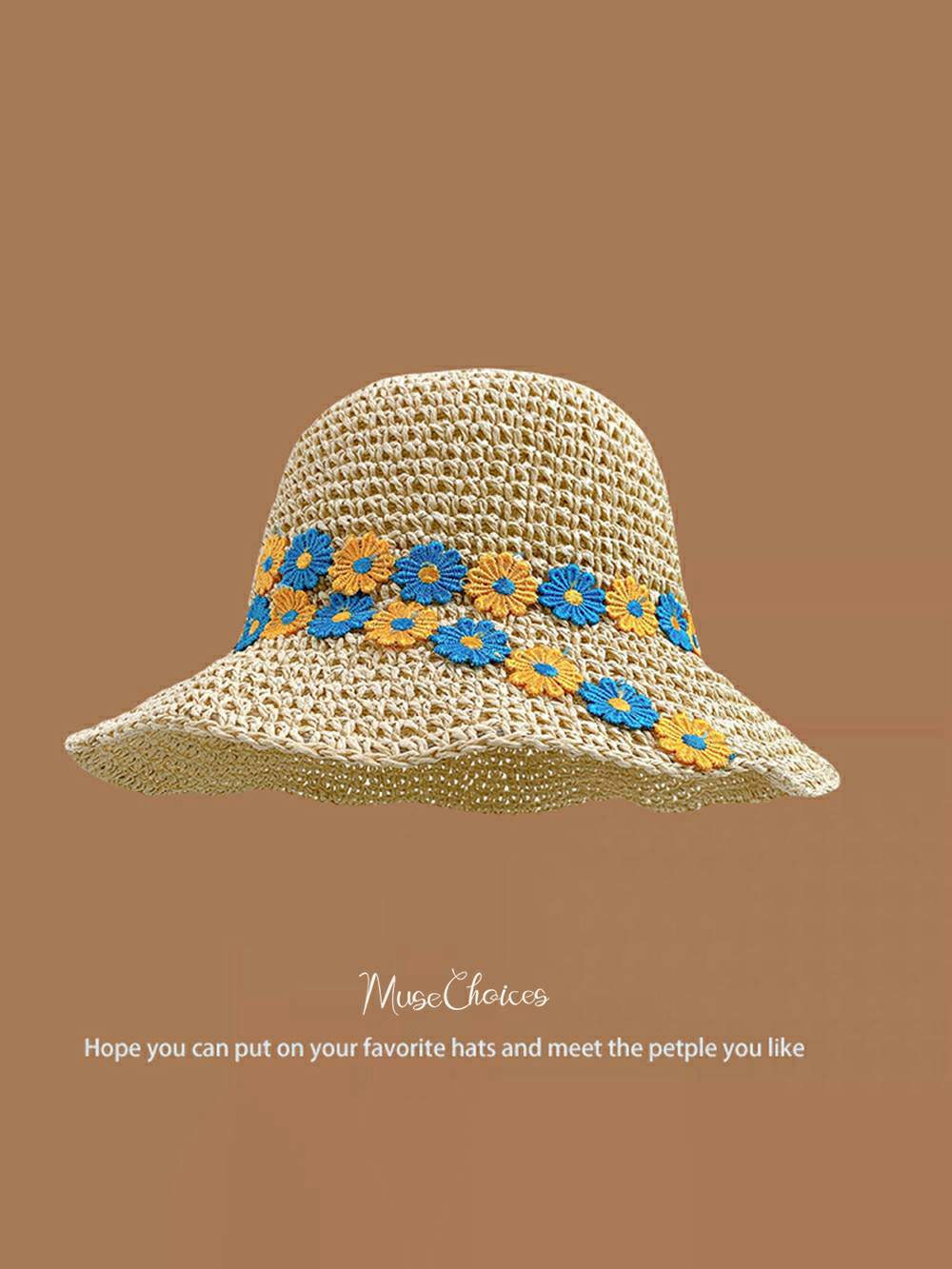 כובע שמש ארוג ביד בז' טווס פרח מזדמן