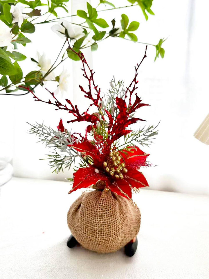 Ξύλινο κούτσουρο Κλαδιά από κουκουνάρι κόκκινο μούρο με φιόγκο διακόσμηση χριστουγεννιάτικου δέντρου