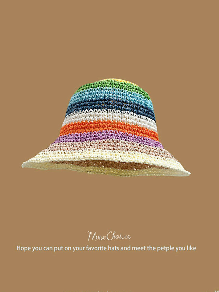 Cappello da pescatore arcobaleno intrecciato a mano con finiture beige