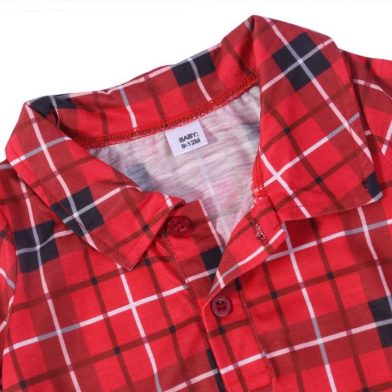 クリスマスレッドチェックプリントシャツ親子スーツ（愛犬服付き）