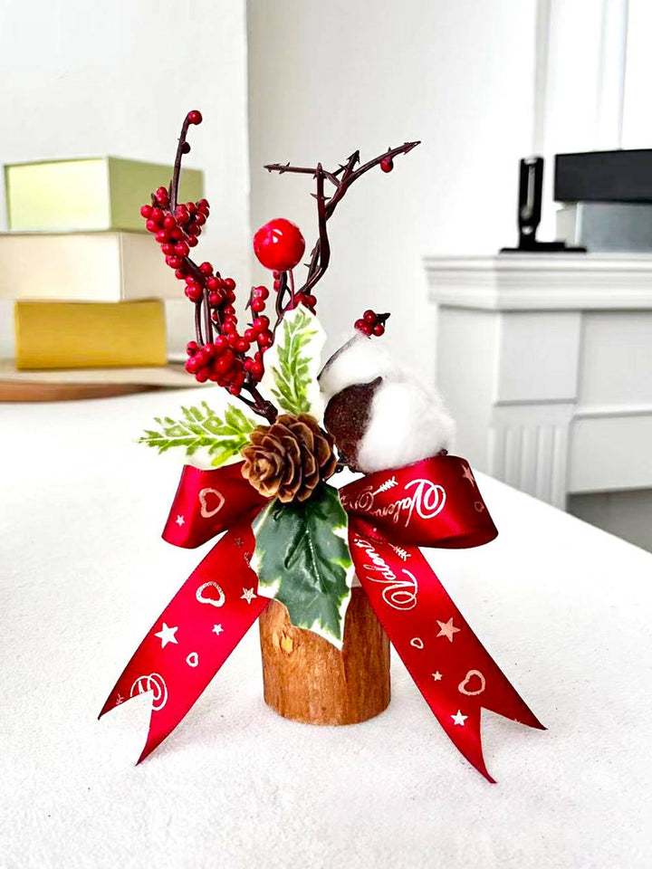 Ξύλινο κούτσουρο Κλαδιά από κουκουνάρι κόκκινο μούρο με φιόγκο διακόσμηση χριστουγεννιάτικου δέντρου