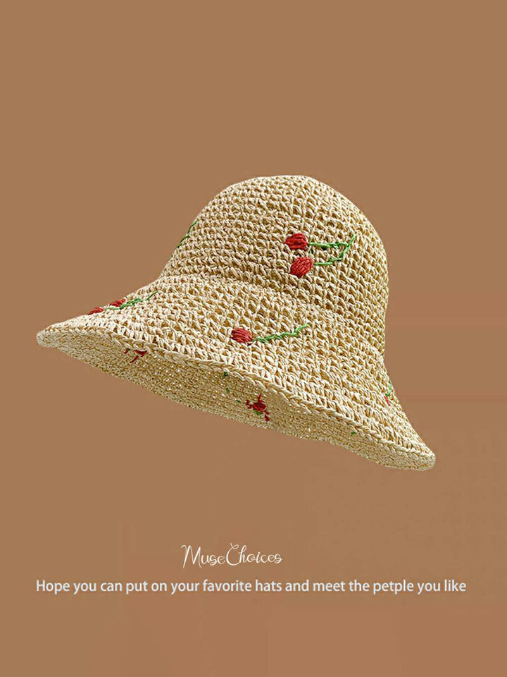 Ręcznie tkany beżowy, wiśniowy, swobodny kapelusz przeciwsłoneczny