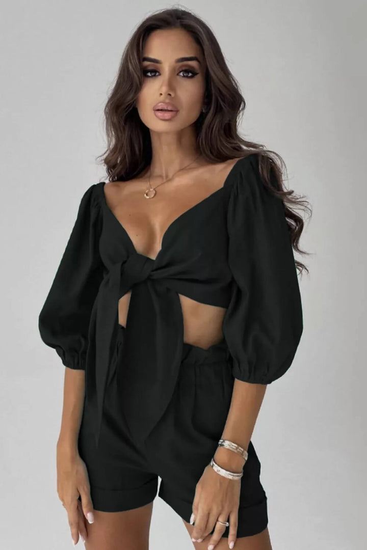 Linne Wrap Front Tie Puff Sleeve Shorts Set