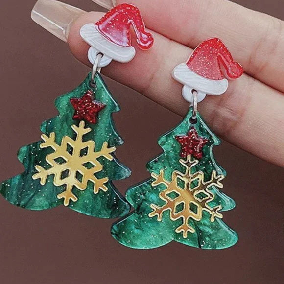 Chapéu de brincos de Natal e árvore de decoração de floco de neve