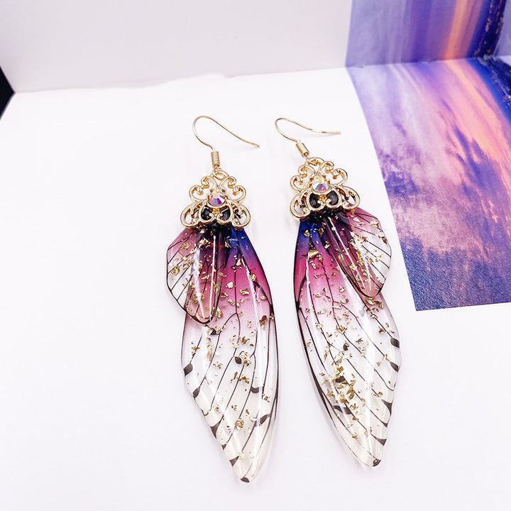 Boucles d'oreilles en cristal d'aile de cigale en strass violet, aile de papillon