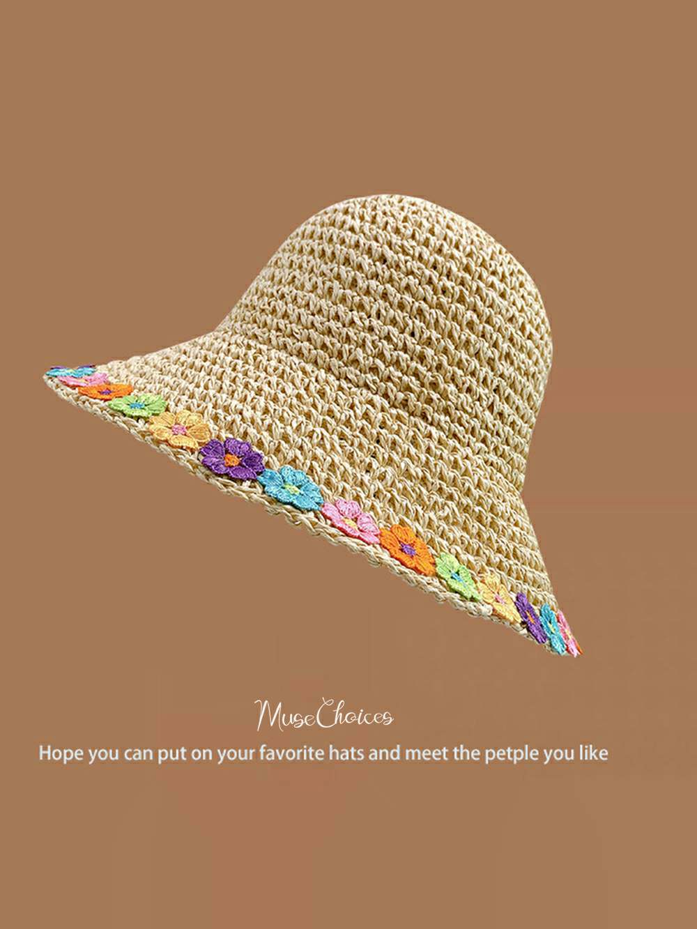 손으로 짠 베이지색 무지개 꽃무늬 태양 모자