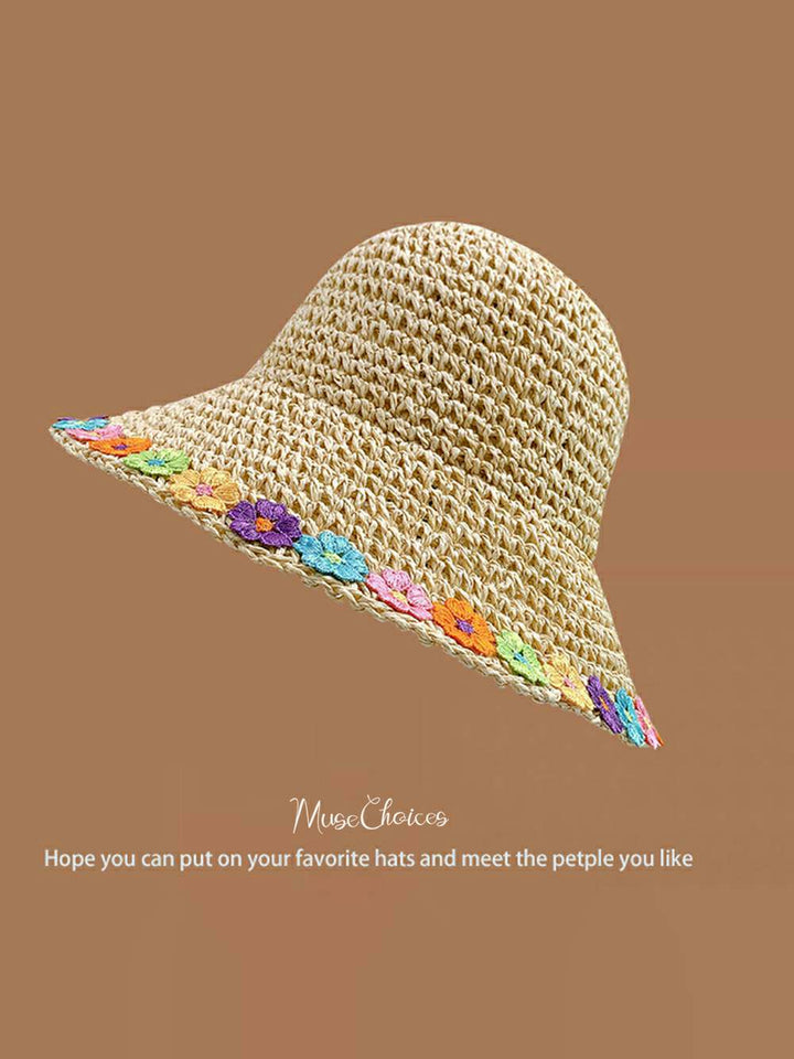 Ručně tkaný béžový duhový květinový klobouk proti slunci