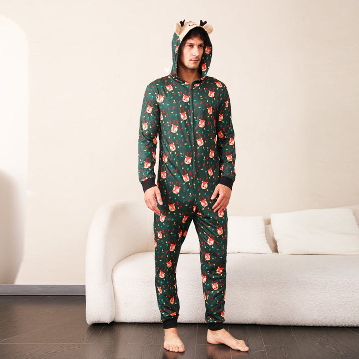 Pijamas con estampado de bombilla de luz navideña y zorro verde, monos familiares a juego