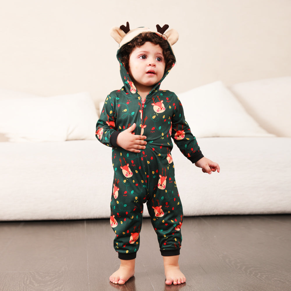 Pijamas con estampado de bombilla de luz navideña y zorro verde, monos familiares a juego