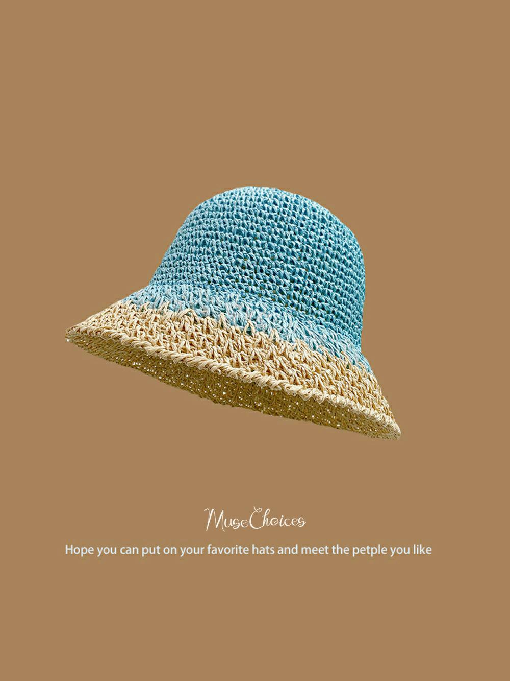 כובע שמש ארוג ביד כחול קש עם עיטור בז'