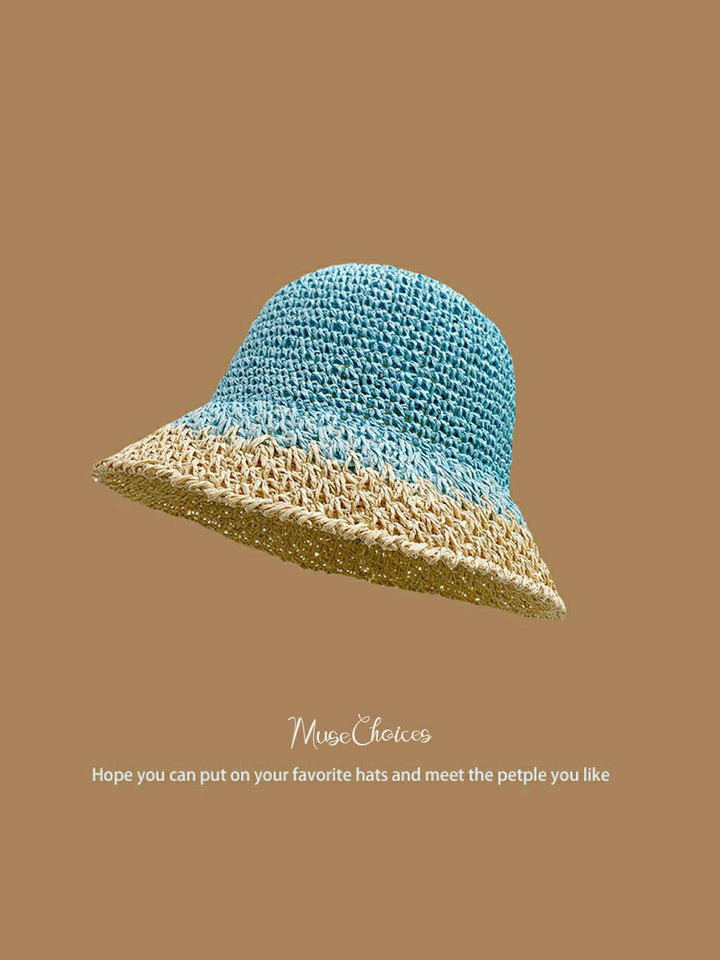 Sombrero de sol de paja azul tejido a mano con ribete beige