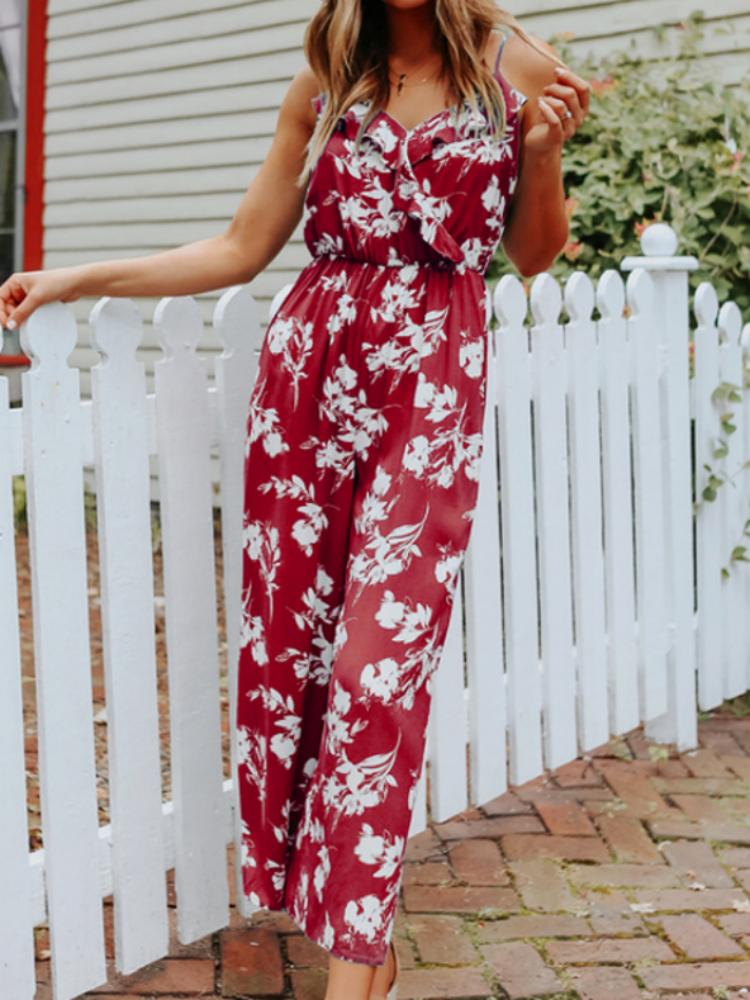 Perfekt floral ermeløs jumpsuit med vidde ben