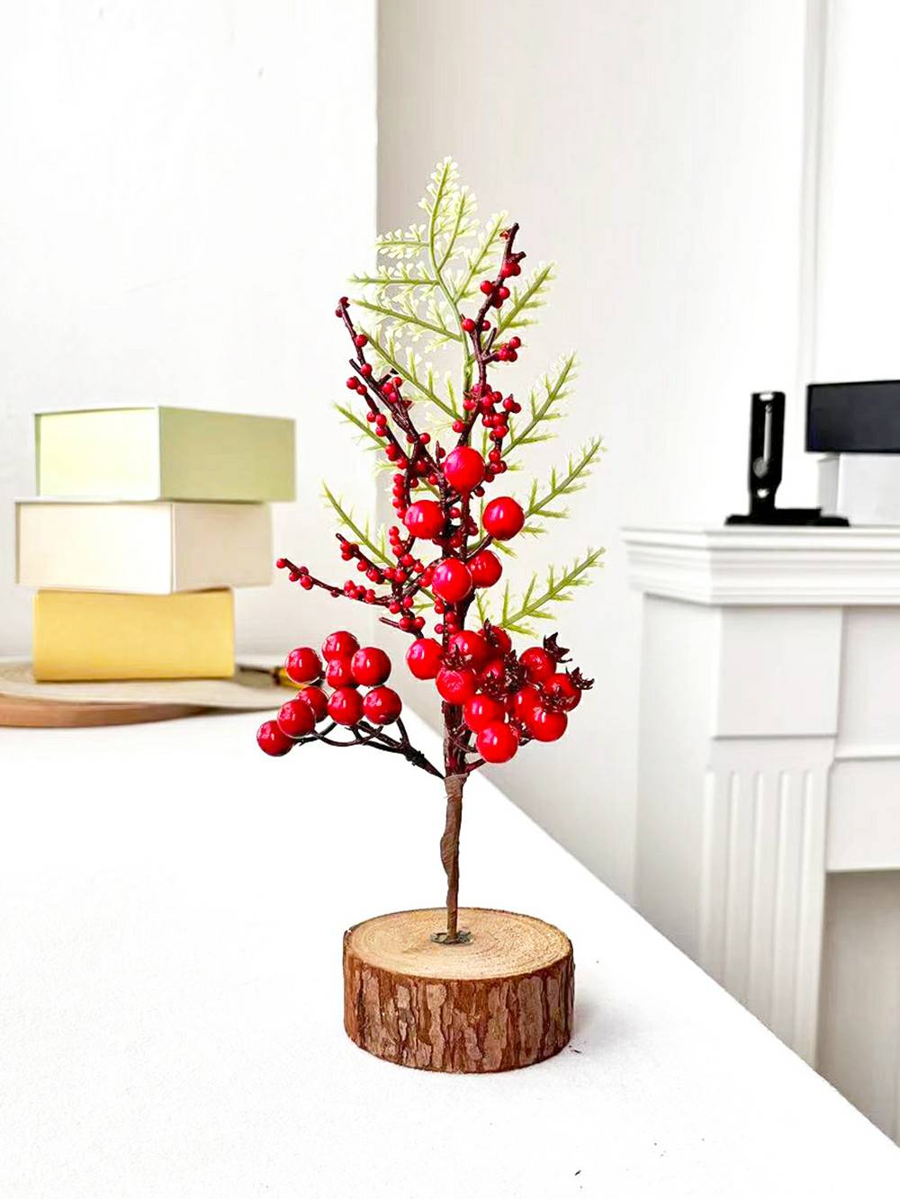 Wood Stump Red Berry Pine Cone Branches with Bow Christmas Tree Decoration