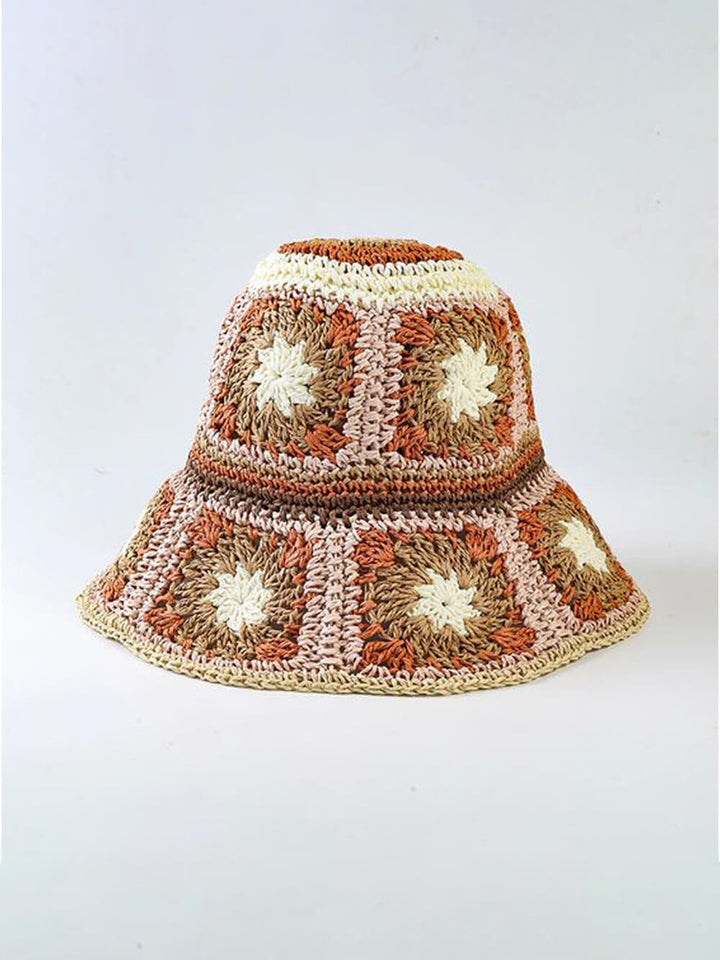 かぎ針編みの帽子 花 ブラウン ピンク