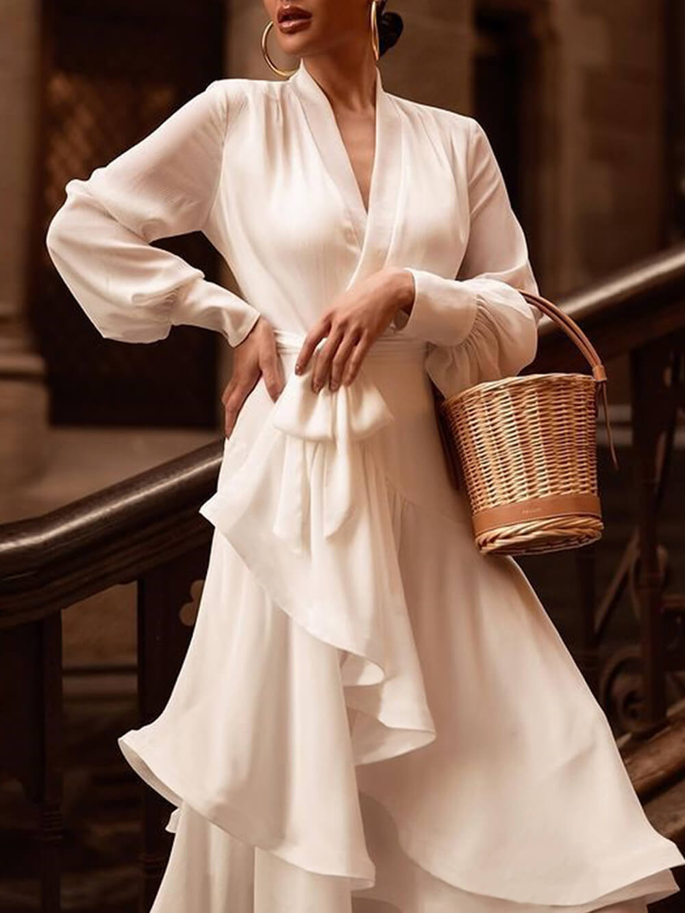 Elegancka marszczona sukienka maxi w jednolitym kolorze