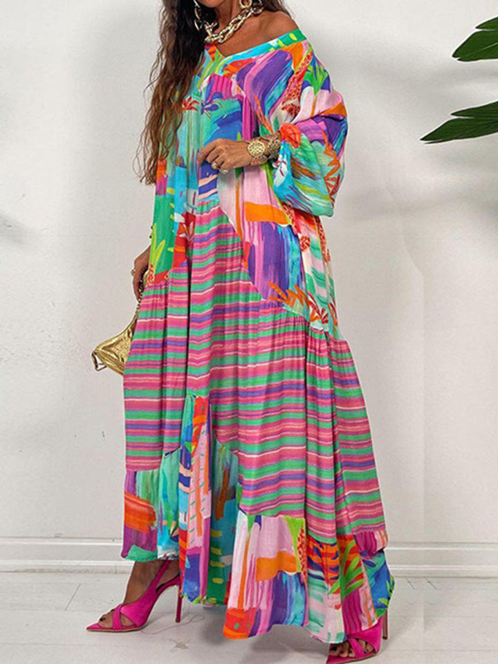Oversize'owa sukienka maxi z nadrukiem i dekoltem w kształcie litery V