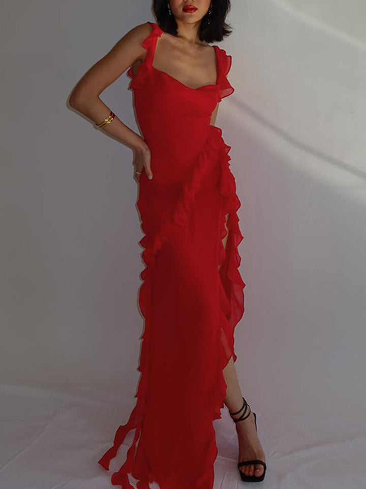 Κόκκινο φόρεμα σιφόν Frill Slip Maxi