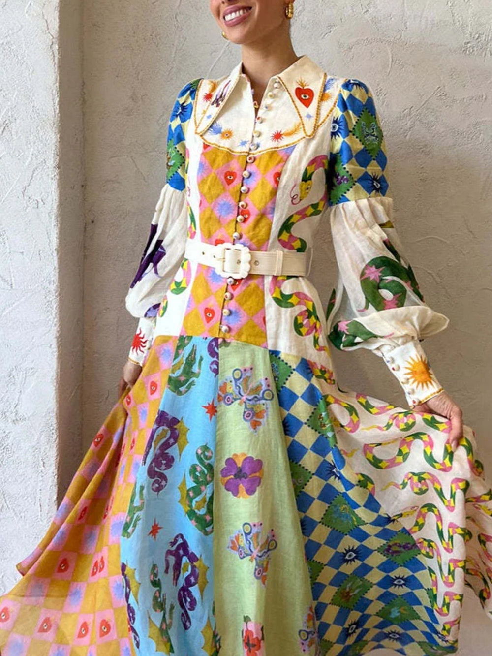 패션 그래피티 벌룬 슬리브 긴 불규칙 드레스