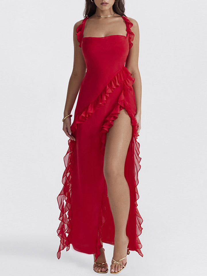 Red Chiffon Frill Slip Maxi Dress